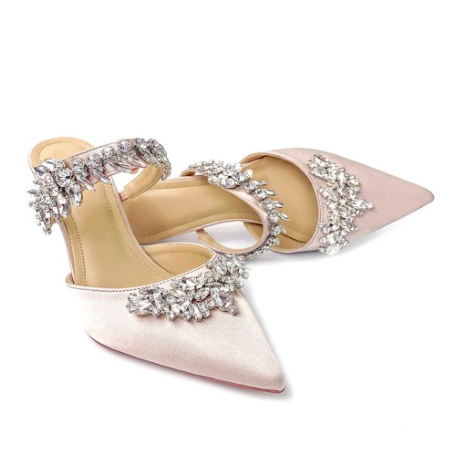 Stylish rhinestone-embellished high-heeled pointed-toe slippers