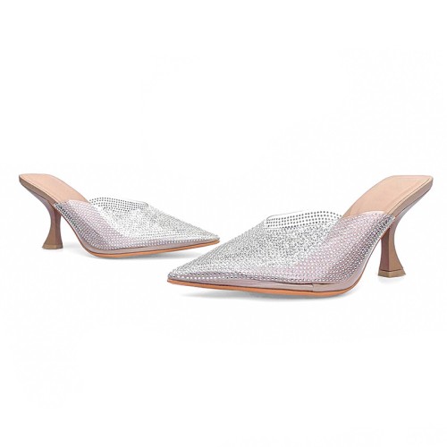 Transparent rhinestone high-heeled pointed slippers