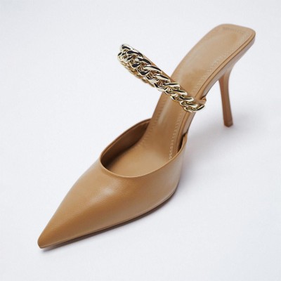 Sexy chain stiletto heel pointy toe slippers