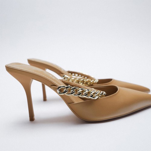 Sexy chain stiletto heel pointy toe slippers