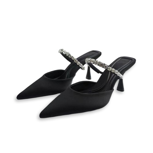Black rhinestone embellished high-heeled pointed slippers