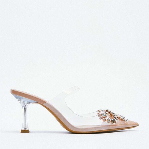 Shiny rhinestone high-heeled pointed slippers