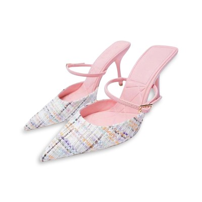 Luxurious plaid high heel pointed toe slippers