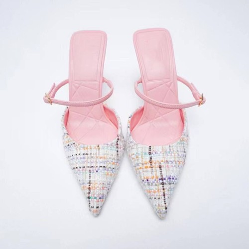 Luxurious plaid high heel pointed toe slippers