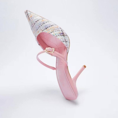 Luxurious plaid high heel pointed toe slippers