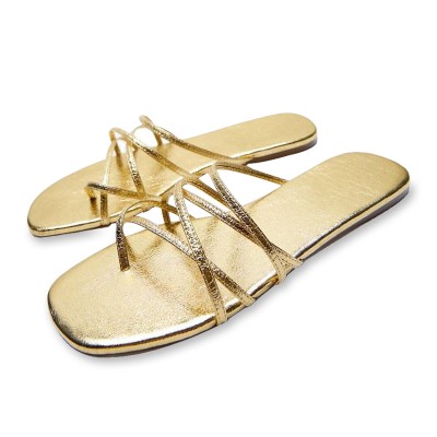 Gold strappy square toe women's flat slippers