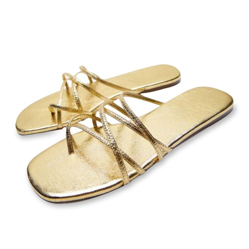 Gold strappy square toe women's flat slippers