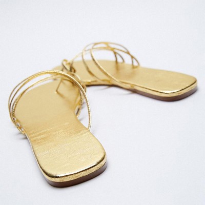 Gold strappy square toe women's flat slippers