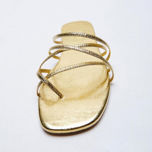 Gold strappy square toe women's flat slippers