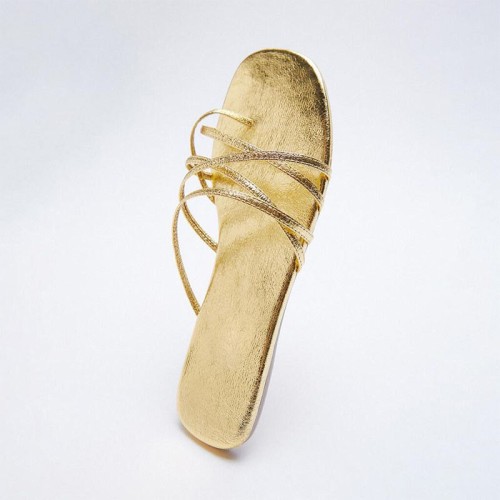 Gold strappy square toe women's flat slippers