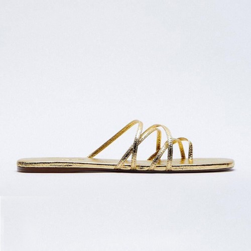 Gold strappy square toe women's flat slippers