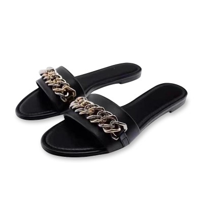 Women's flat slippers with metal chain design