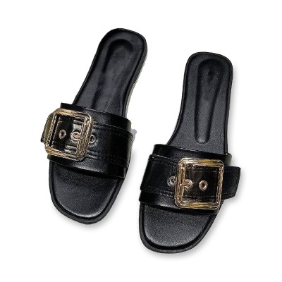 Luxury belt buckle embellished women's flat slippers