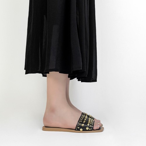 Luxury metal buckle design women's flat slippers