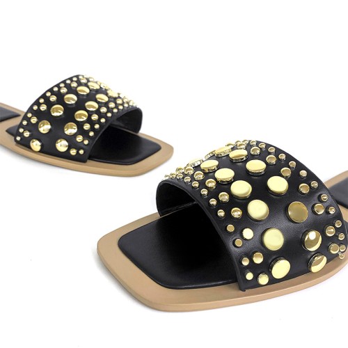 Luxury metal buckle design women's flat slippers