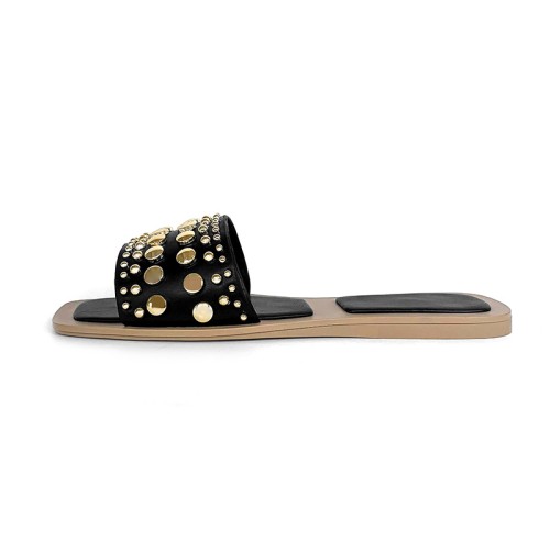 Luxury metal buckle design women's flat slippers