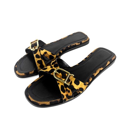 Leopard print cross strap women's flat slippers