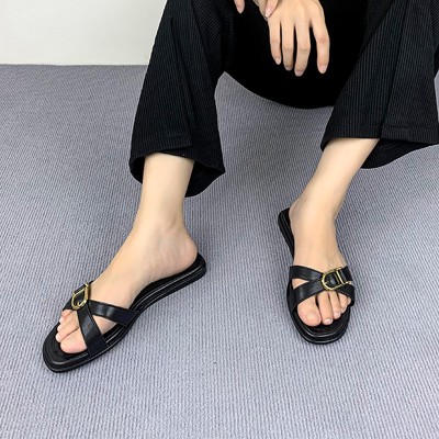 Leopard print cross strap women's flat slippers