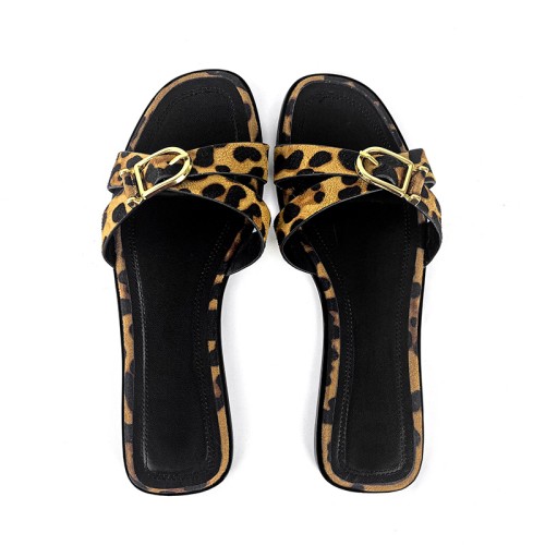 Leopard print cross strap women's flat slippers