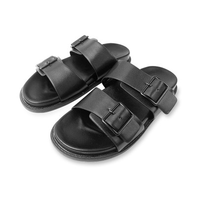 Luxurious leather buckle women's flat slippers
