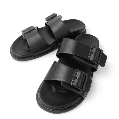 Luxurious leather buckle women's flat slippers