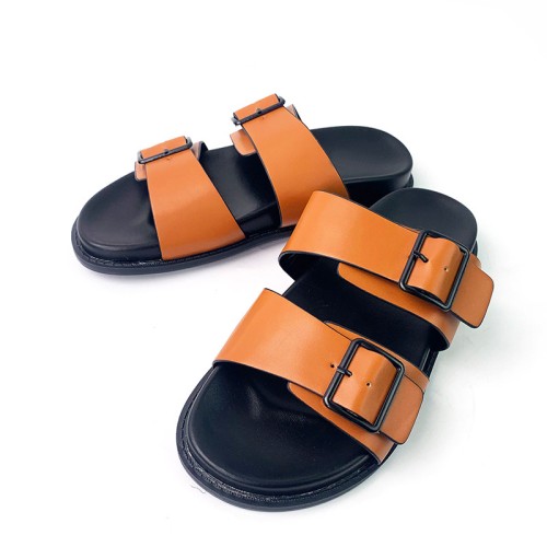 Luxurious leather buckle women's flat slippers
