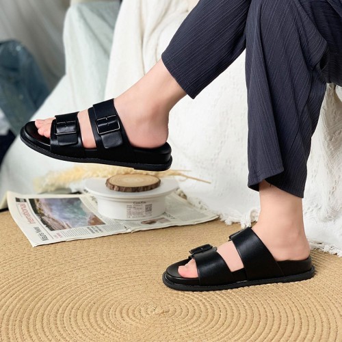 Luxurious leather buckle women's flat slippers