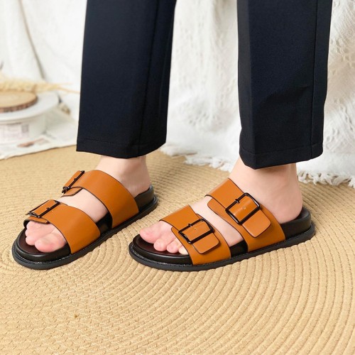 Luxurious leather buckle women's flat slippers