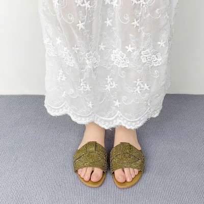Braided leather shiny women's flat slippers