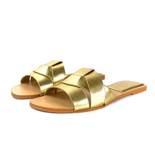 Braided leather shiny women's flat slippers