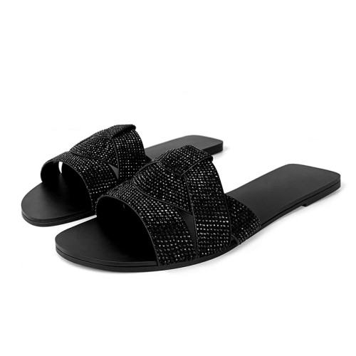 Braided leather shiny women's flat slippers