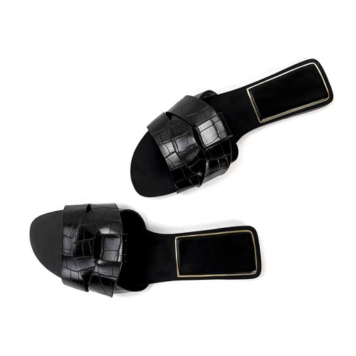 Braided leather shiny women's flat slippers