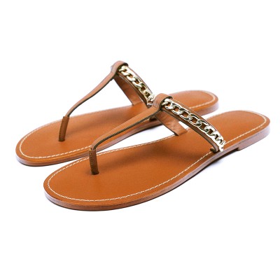 Brown metal chain design women's flat slippers