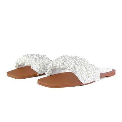 Lightweight pearl-embellished women's flat slippers