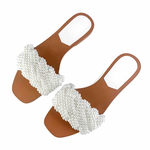 Lightweight pearl-embellished women's flat slippers