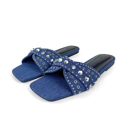 Fashionable denim studded women's flat slippers