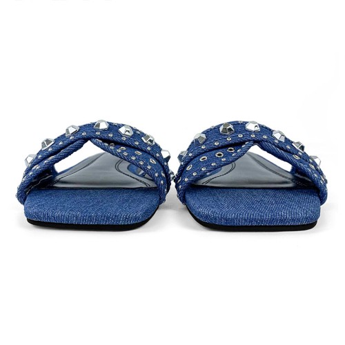 Fashionable denim studded women's flat slippers