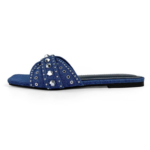 Fashionable denim studded women's flat slippers