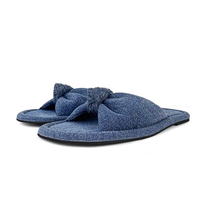 Blue bow denim women's flat slippers
