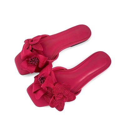 Rose red floral embellished women's flat slippers