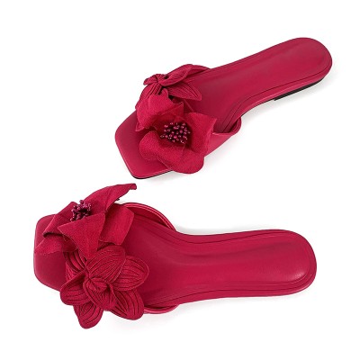 Rose red floral embellished women's flat slippers