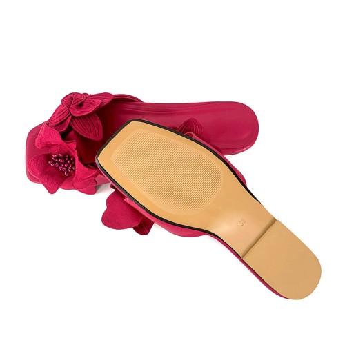 Rose red floral embellished women's flat slippers