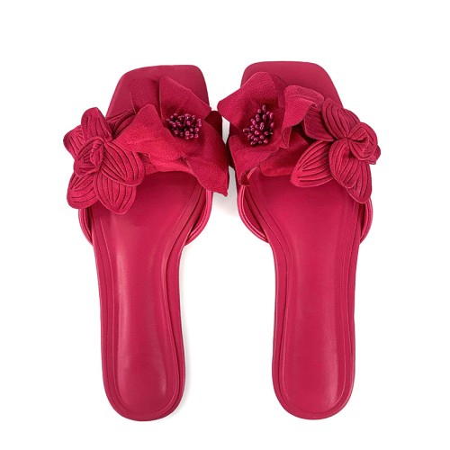 Rose red floral embellished women's flat slippers