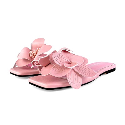 Pink square toe floral decoration women's flat slippers