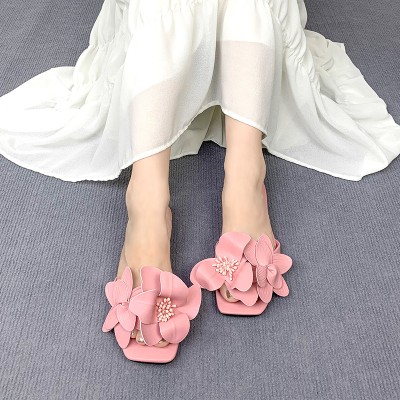 Pink square toe floral decoration women's flat slippers