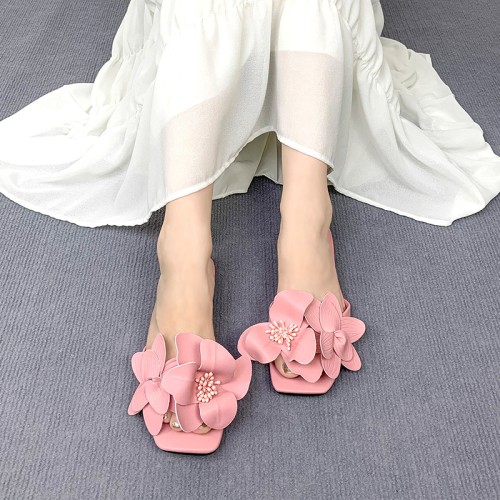 Pink square toe floral decoration women's flat slippers