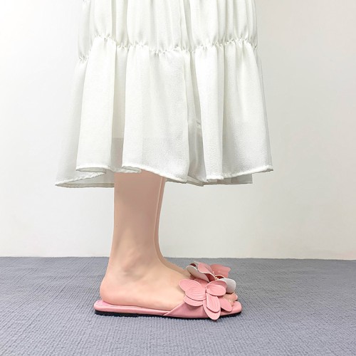 Pink square toe floral decoration women's flat slippers