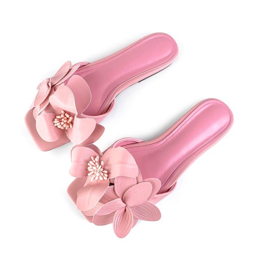 Pink square toe floral decoration women's flat slippers