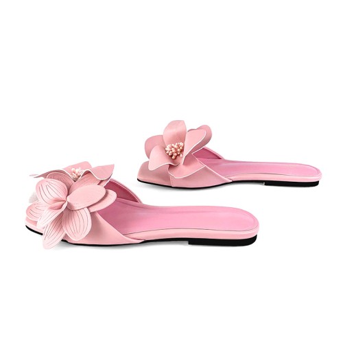Pink square toe floral decoration women's flat slippers