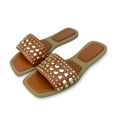 Exquisite metal embellishment women's flat slippers
